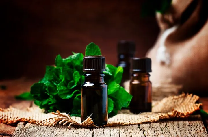 Peppermint essential oil bottles on rustic wood surface